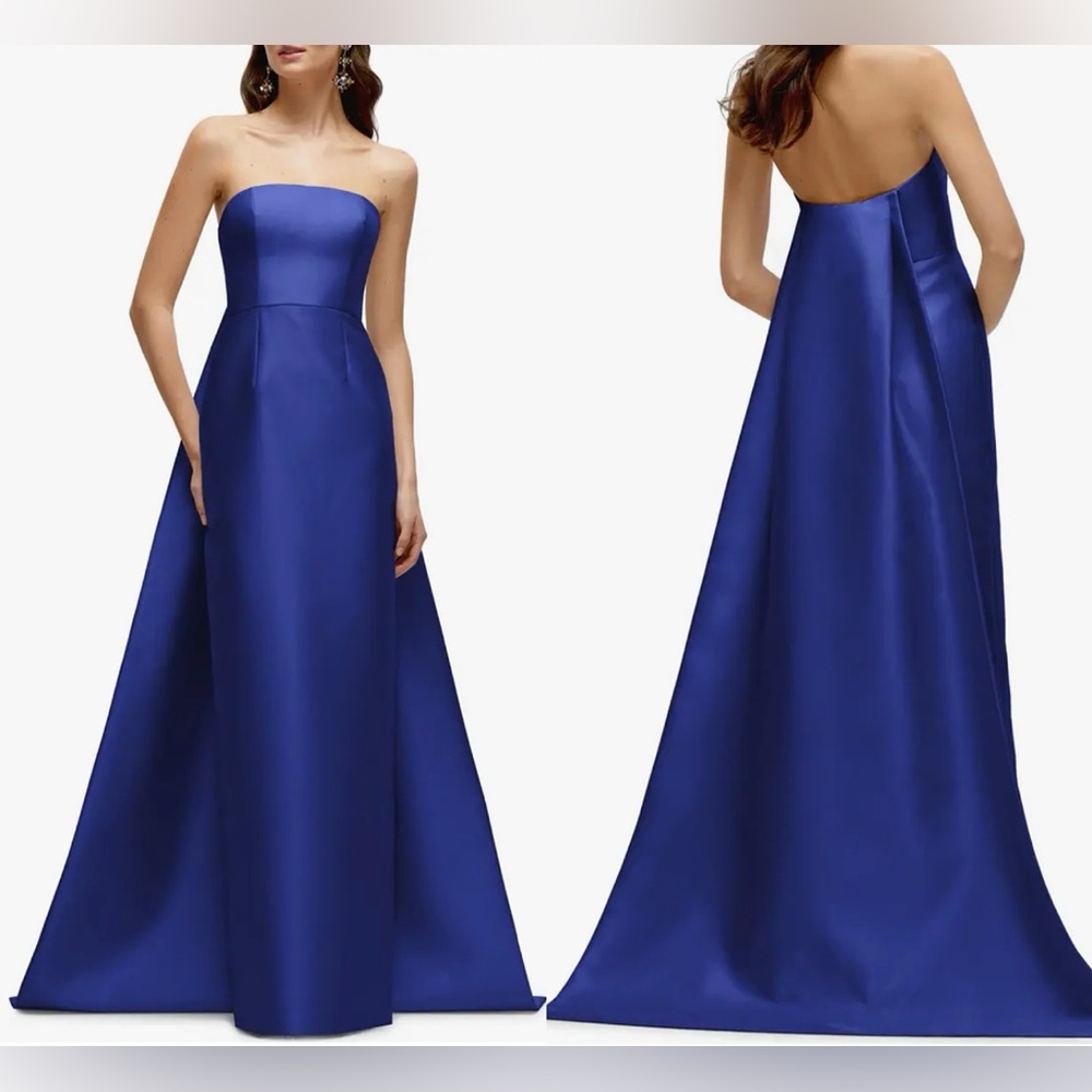NEW Alfred Sung Strapless Satin Twill Column Gown w/ Removable Train sz 4 Blue